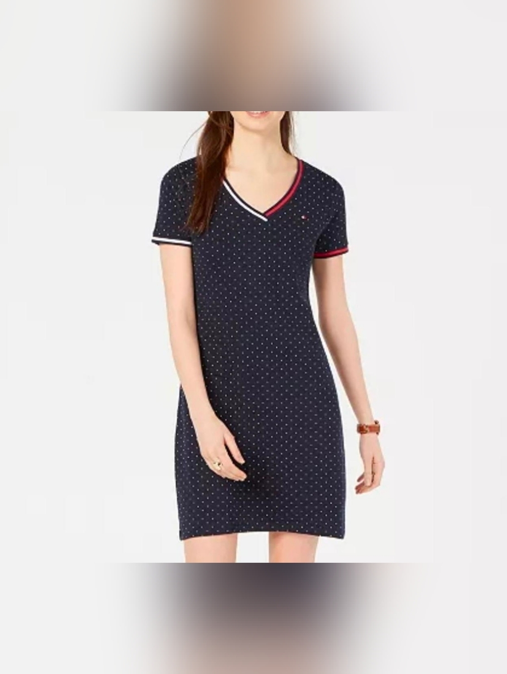 Tommy Hilfiger Navy Blue, white Polka Dot V-Neck Dress with Red & White Trim